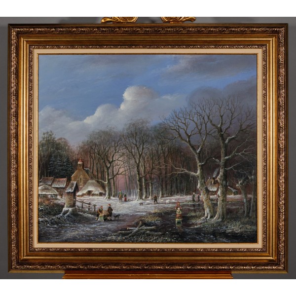 Groot schilderij winterlandschap.