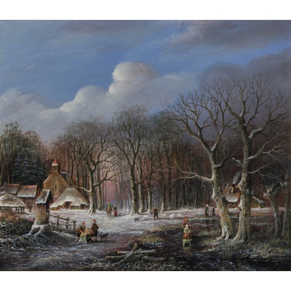 Groot schilderij winterlandschap.